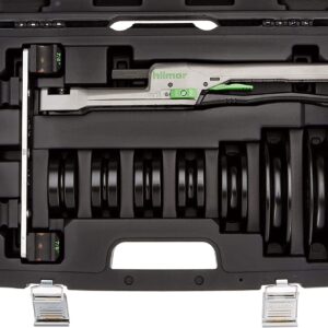 Hilmor 1839032 Compact Bender Kit, shown with various bending mandrels and a durable carrying case. It's a handheld tool designed for bending copper and other soft metal tubing.