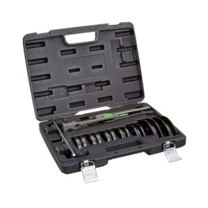 Hilmor 1839032 Compact Bender Kit, shown with various bending mandrels and a durable carrying case. It's a handheld tool designed for bending copper and other soft metal tubing.