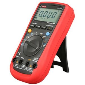 Uni-T UT105 Automotive Digital Multimeter, a yellow and black handheld device with a large LCD screen, featuring specific functions for vehicle electrical testing.