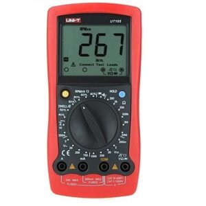 Uni-T UT105 Automotive Digital Multimeter, a yellow and black handheld device with a large LCD screen, featuring specific functions for vehicle electrical testing.