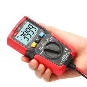 A close-up of the Uni-T UT125C Pocket Size Digital Multimeter, showing its compact form factor, LCD display, and rotary dial for various measurement functions.