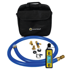 HVAC service kit with blue hoses, gauges, and tools for air conditioning and refrigeration maintenance. Compact black tool bag included.