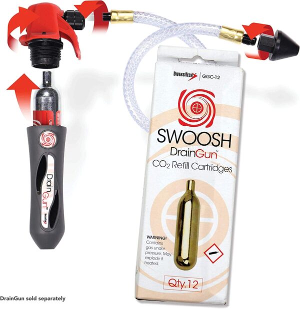 DiversiTech GGC-12 CO2 Drain Gun Cartridges, a pack of twelve threaded CO2 cylinders used as refills for a drain gun to clear clogged HVAC condensate lines.