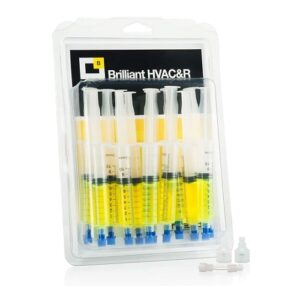 Errecom TR1068.A12.H3 Brilliant Fluorescent UV Dye, a vibrant solution in a clear bottle, used for detecting leaks in air conditioning and refrigeration systems under UV light.