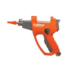 SpeedClean SC-CS-100 CoilShot Condenser Cleaner Tool in use, spraying cleaning solution onto a dirty outdoor air conditioner condenser coil.