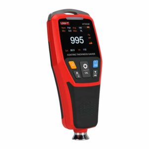 Uni-T UT343D Coating Thickness Gauge, a compact digital device showing a measurement on its screen, used for non-destructive testing of paint and coating thickness on metal surfaces.