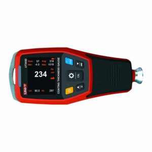 Uni-T UT343D Coating Thickness Gauge, a compact digital device showing a measurement on its screen, used for non-destructive testing of paint and coating thickness on metal surfaces.