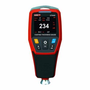 Uni-T UT343D Coating Thickness Gauge, a compact digital device showing a measurement on its screen, used for non-destructive testing of paint and coating thickness on metal surfaces.