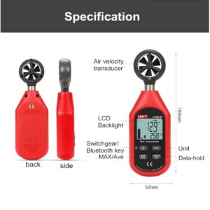 Uni-T UT363BT Bluetooth Mini Anemometer, a compact handheld device for measuring wind speed and temperature, featuring Bluetooth connectivity for data logging.
